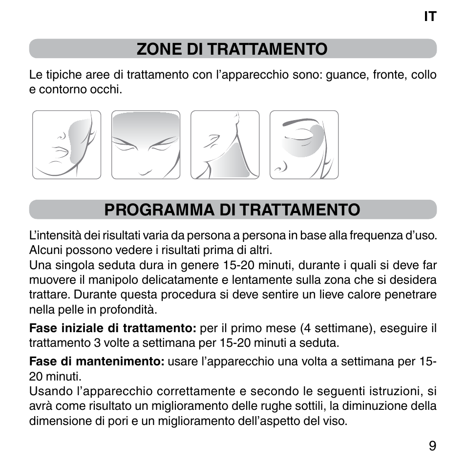 Zone di trattamento, Programma di trattamento | Imetec BELLISSIMA FACE FX User Manual | Page 13 / 92