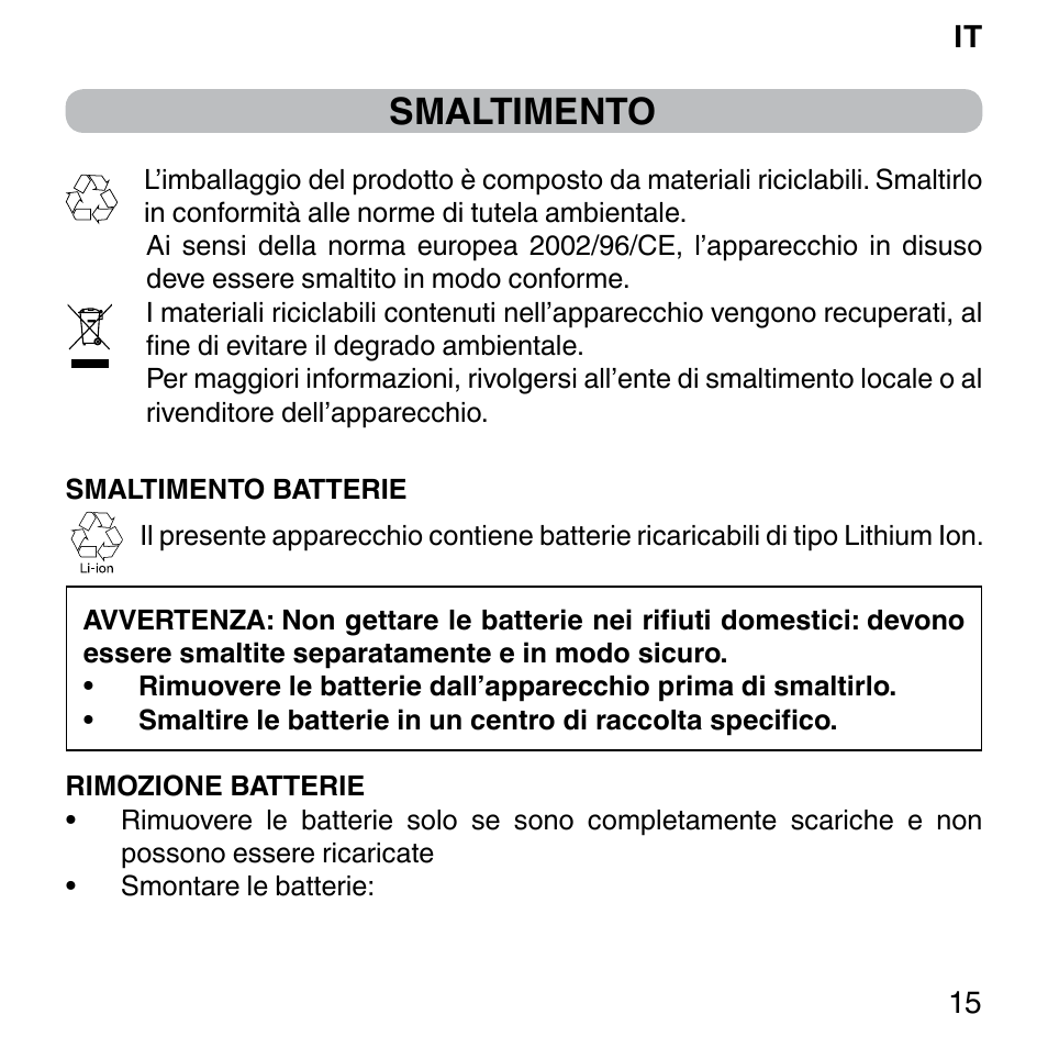 Smaltimento | Imetec BELLISSIMA FACE FX User Manual | Page 19 / 92