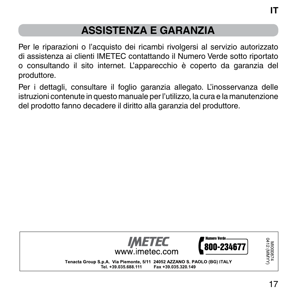 Assistenza e garanzia, It 17 | Imetec BELLISSIMA FACE FX User Manual | Page 21 / 92