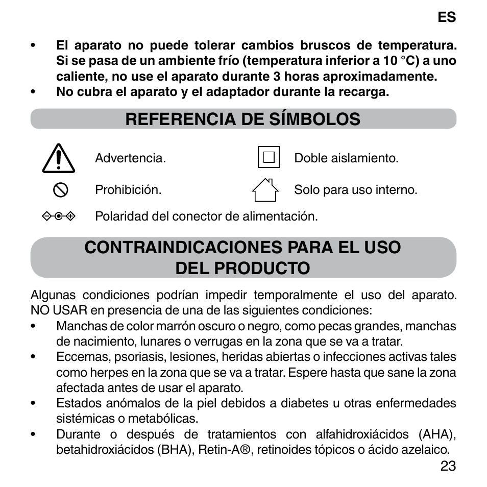 Referencia de símbolos, Contraindicaciones para el uso del producto | Imetec BELLISSIMA FACE FX User Manual | Page 27 / 92