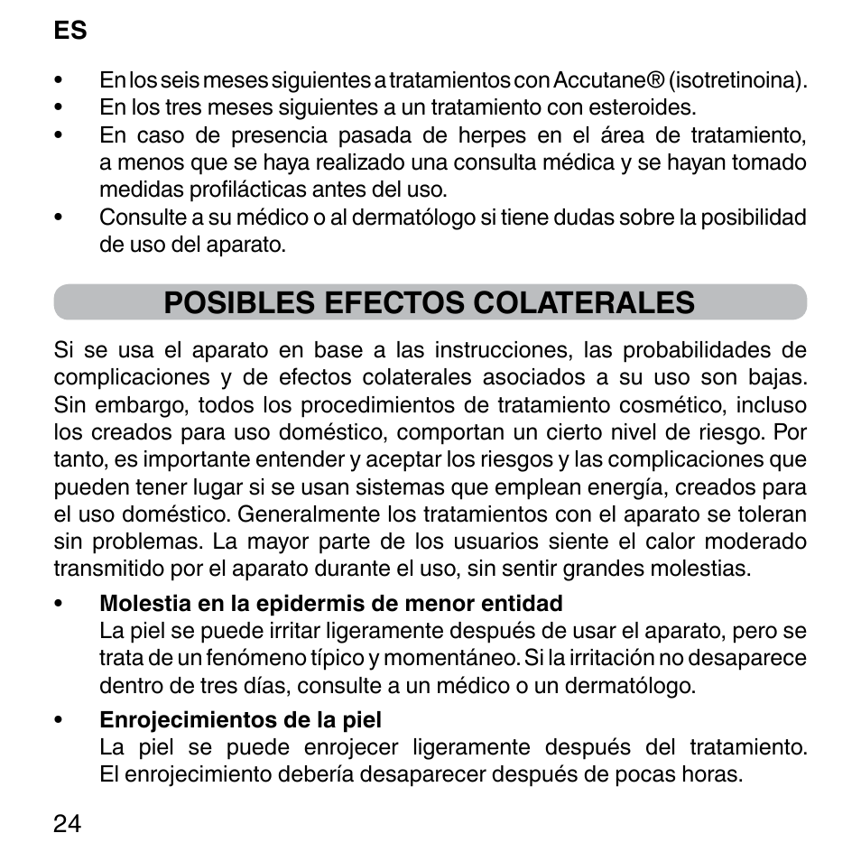 Posibles efectos colaterales | Imetec BELLISSIMA FACE FX User Manual | Page 28 / 92