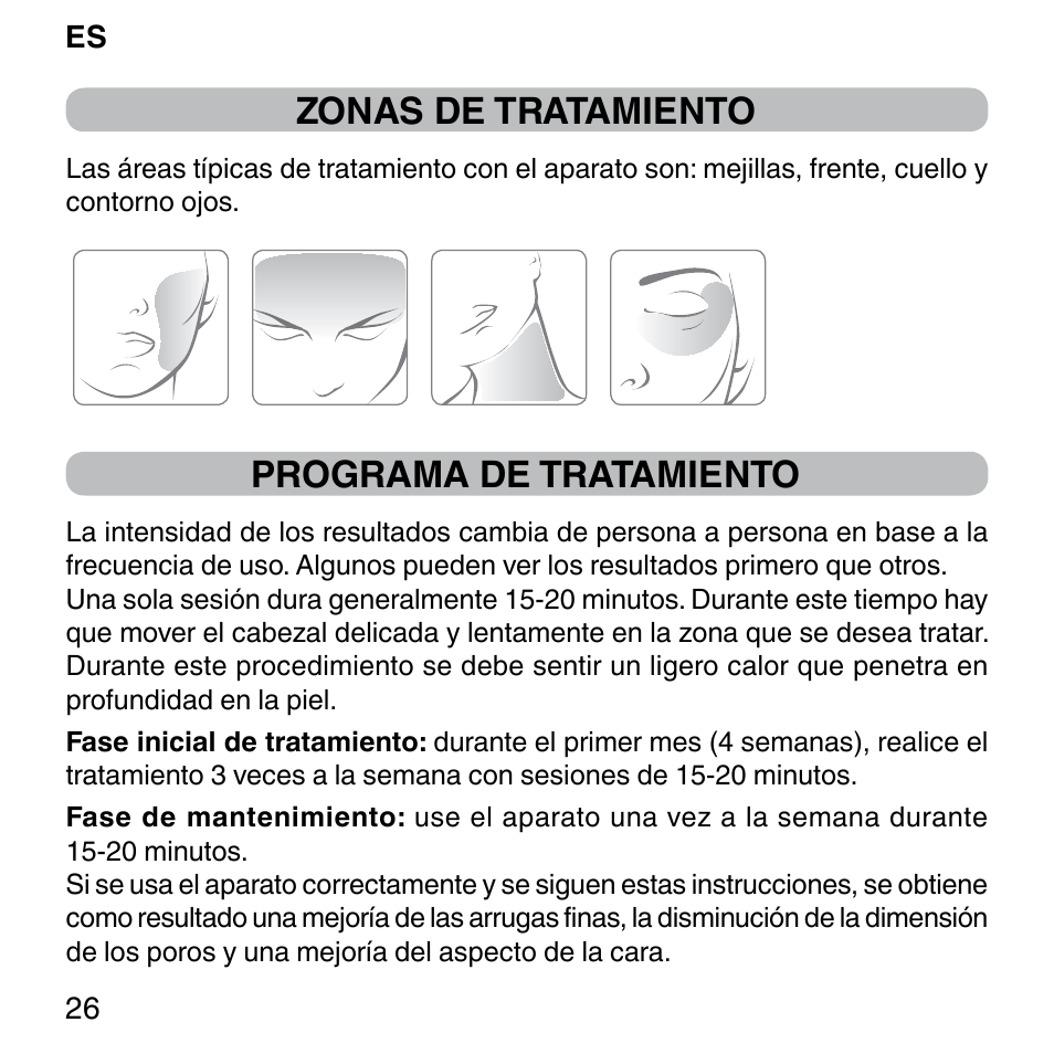 Zonas de tratamiento, Programa de tratamiento | Imetec BELLISSIMA FACE FX User Manual | Page 30 / 92