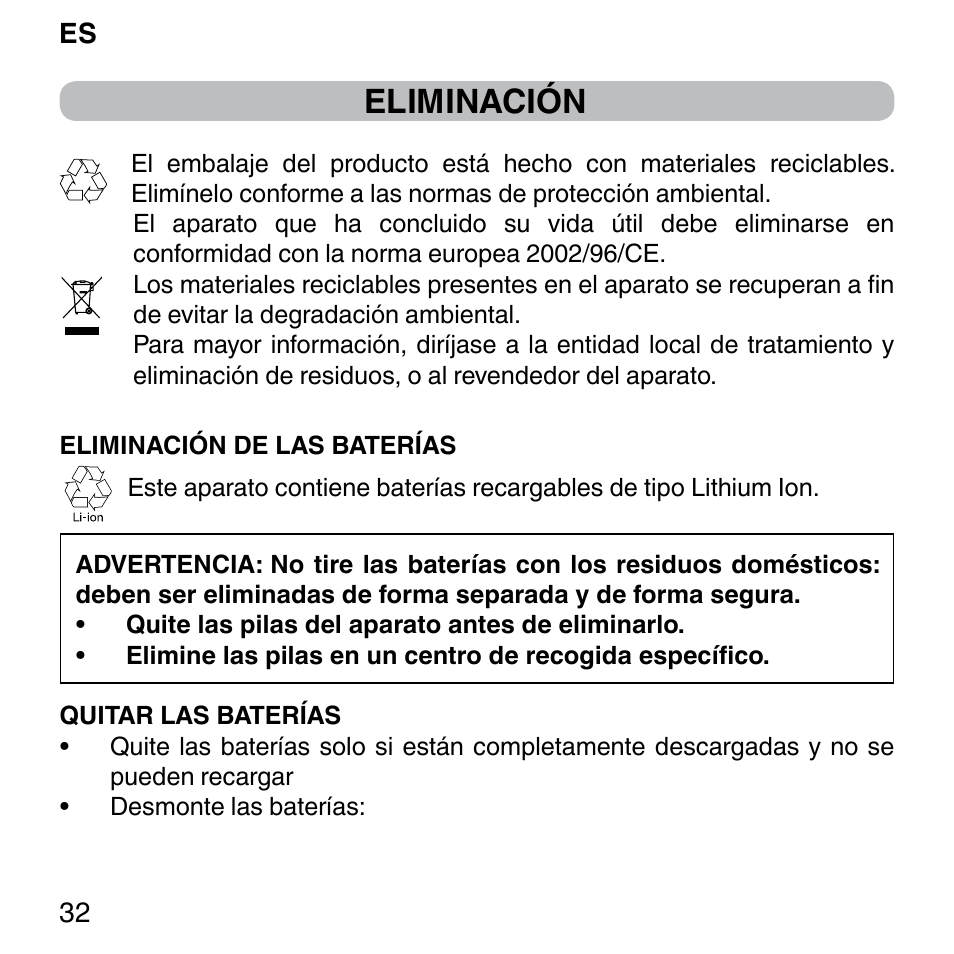 Eliminación | Imetec BELLISSIMA FACE FX User Manual | Page 36 / 92