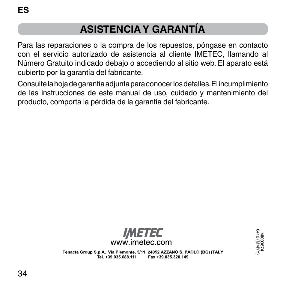Asistencia y garantía, Es 34 | Imetec BELLISSIMA FACE FX User Manual | Page 38 / 92