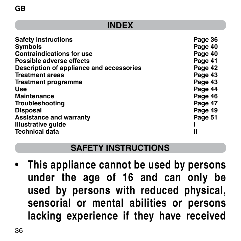 Index, Safety instructions | Imetec BELLISSIMA FACE FX User Manual | Page 40 / 92