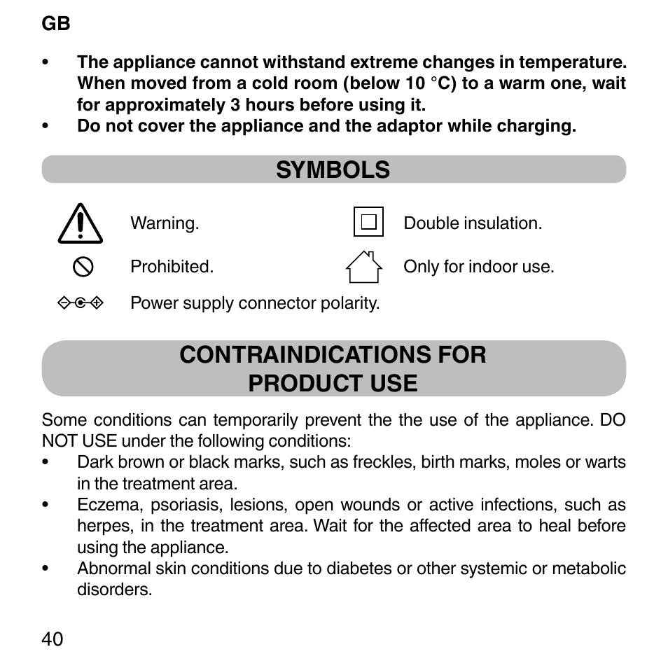 Symbols, Contraindications for product use | Imetec BELLISSIMA FACE FX User Manual | Page 44 / 92