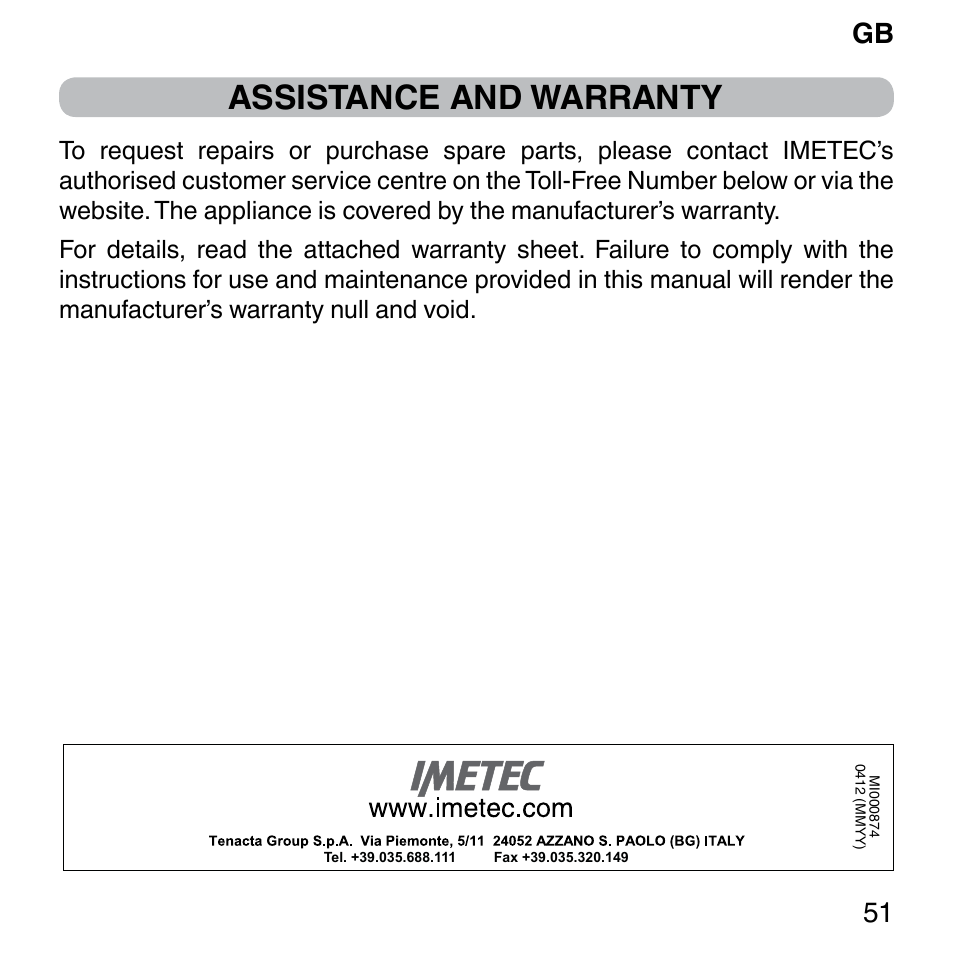 Assistance and warranty, Gb 51 | Imetec BELLISSIMA FACE FX User Manual | Page 55 / 92