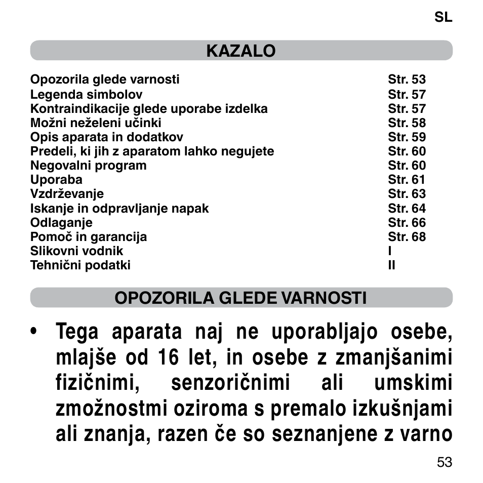 Kazalo, Opozorila glede varnosti | Imetec BELLISSIMA FACE FX User Manual | Page 57 / 92