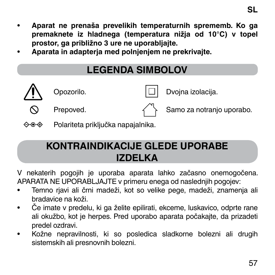 Legenda simbolov, Kontraindikacije glede uporabe izdelka | Imetec BELLISSIMA FACE FX User Manual | Page 61 / 92