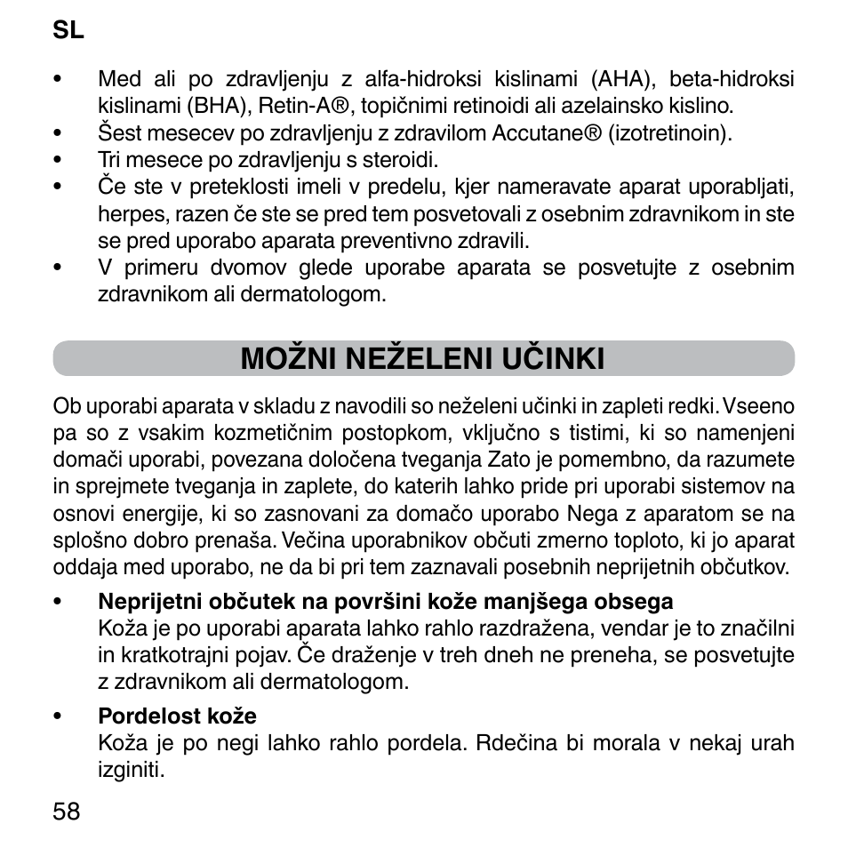 Možni neželeni učinki | Imetec BELLISSIMA FACE FX User Manual | Page 62 / 92
