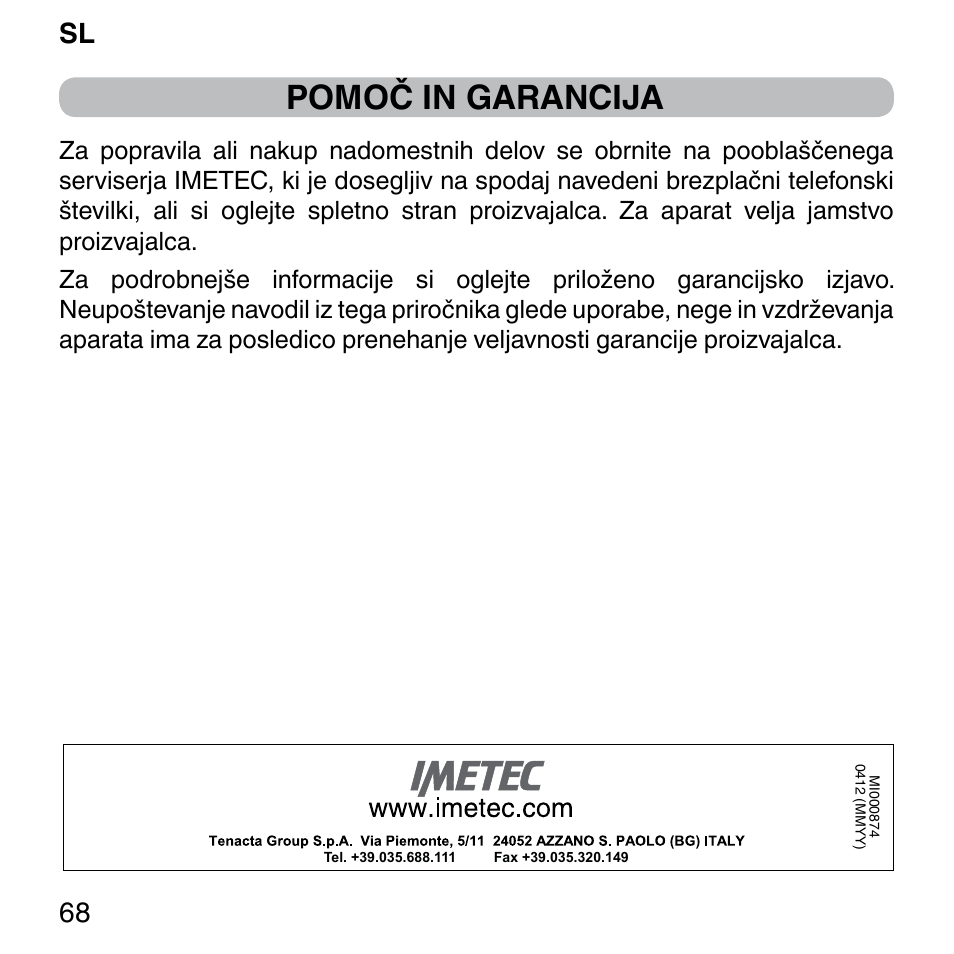 Pomoč in garancija, Sl 68 | Imetec BELLISSIMA FACE FX User Manual | Page 72 / 92