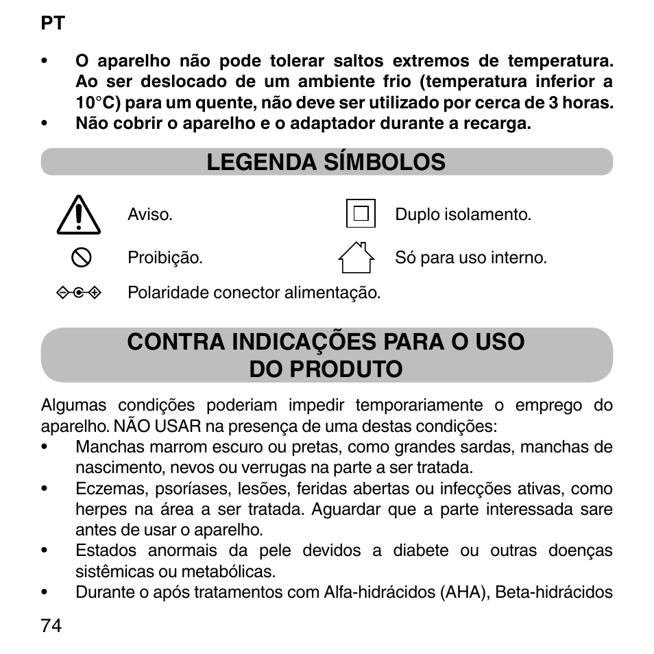 Legenda símbolos, Contra indicações para o uso do produto | Imetec BELLISSIMA FACE FX User Manual | Page 78 / 92