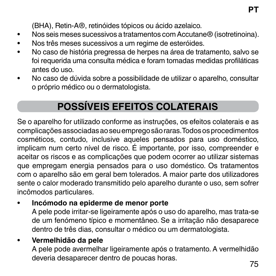 Possíveis efeitos colaterais | Imetec BELLISSIMA FACE FX User Manual | Page 79 / 92