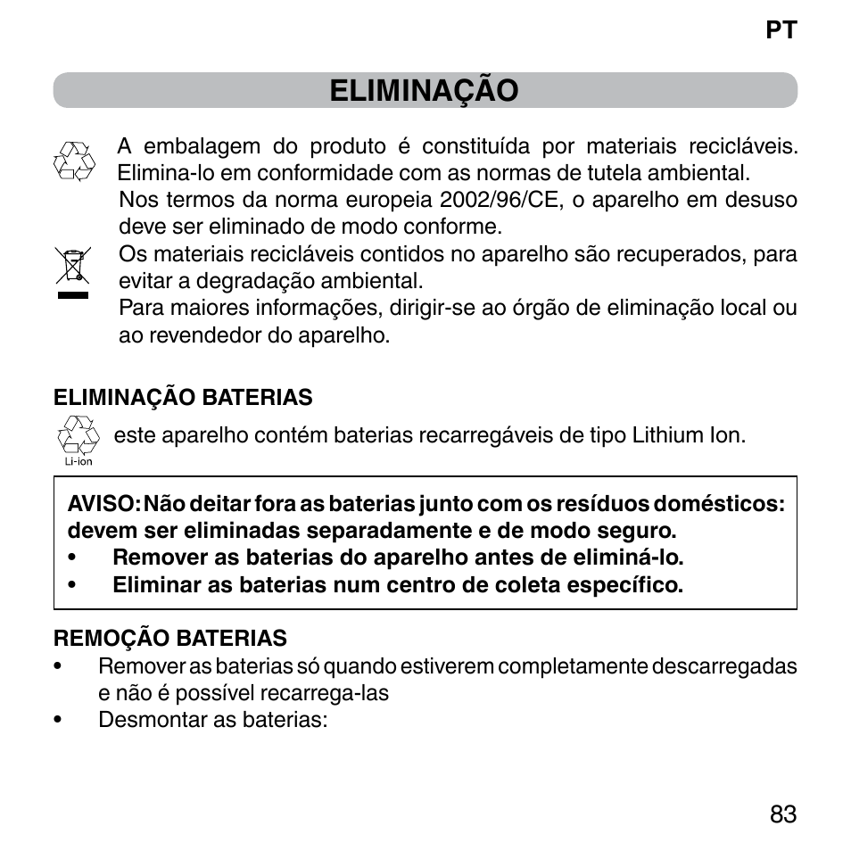 Eliminação | Imetec BELLISSIMA FACE FX User Manual | Page 87 / 92