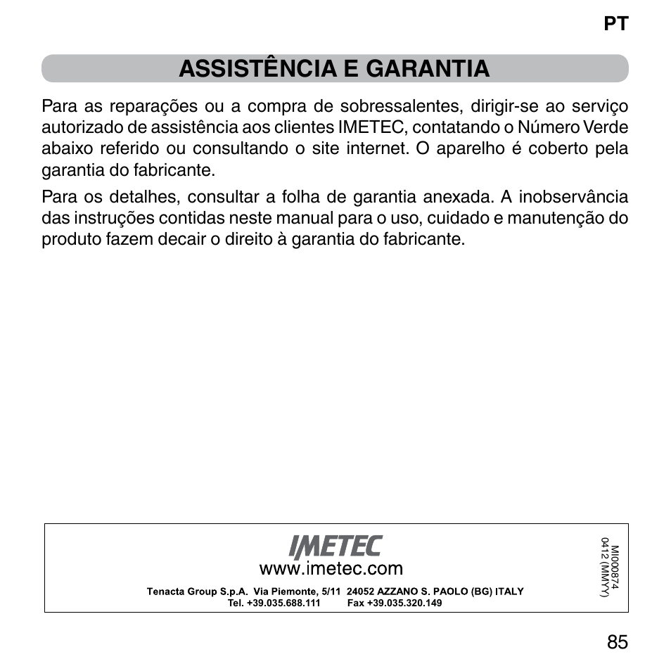Assistência e garantia, Pt 85 | Imetec BELLISSIMA FACE FX User Manual | Page 89 / 92