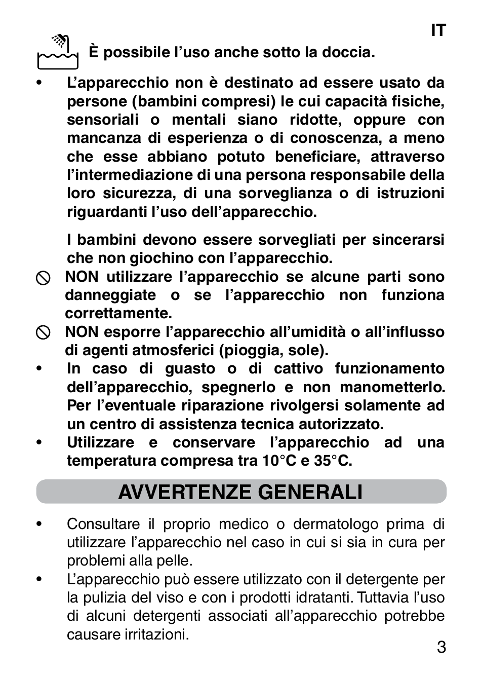 Avvertenze generali | Imetec BELLISSIMA FACE CLEANSING User Manual | Page 5 / 58