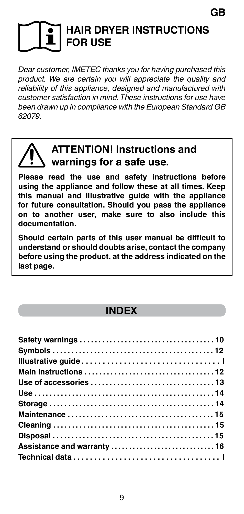 Hair dryer instructions for use, Index | Imetec BELLISSIMA PC5 2500 User Manual | Page 11 / 84