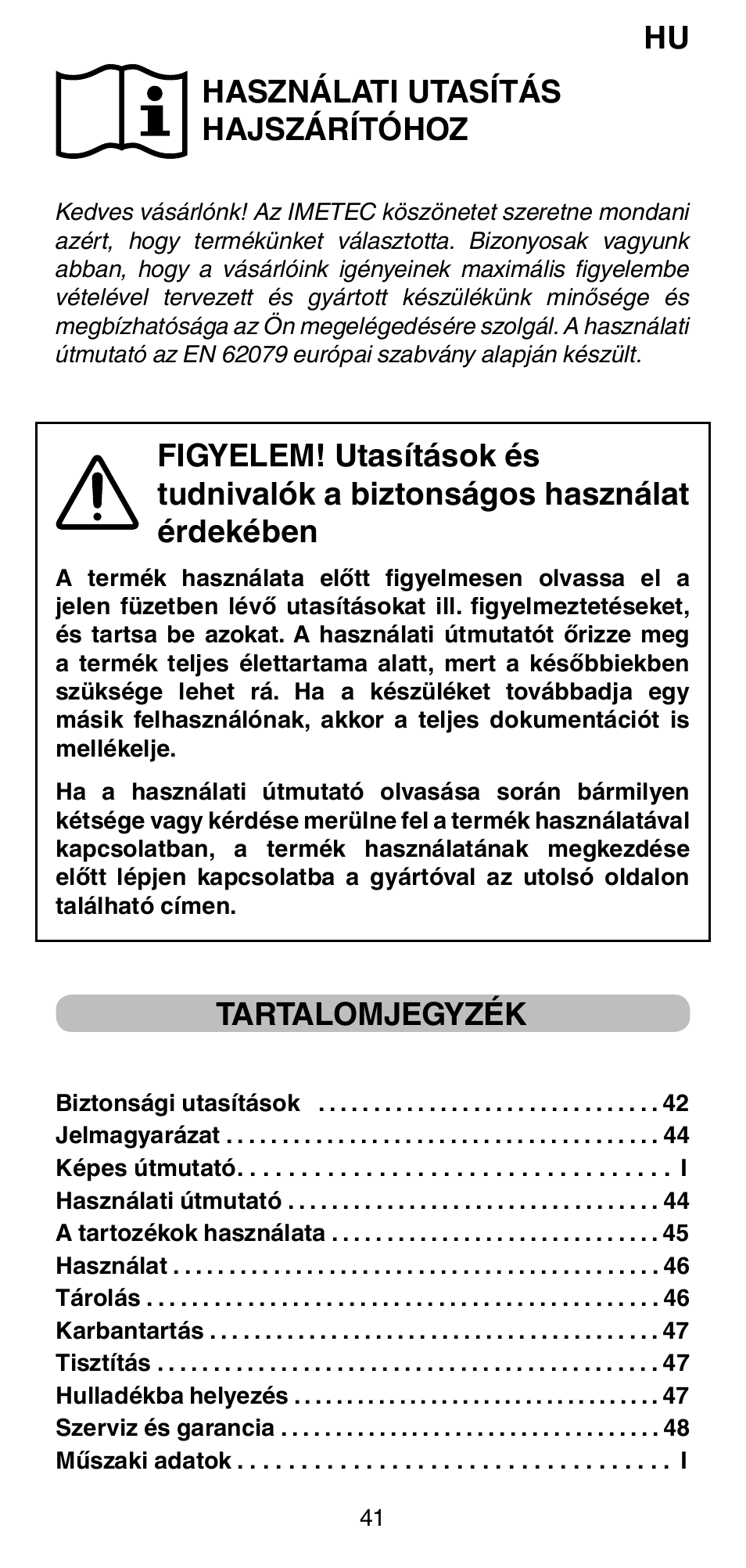 Használati utasítás hajszárítóhoz, Tartalomjegyzék | Imetec BELLISSIMA PC5 2500 User Manual | Page 43 / 84
