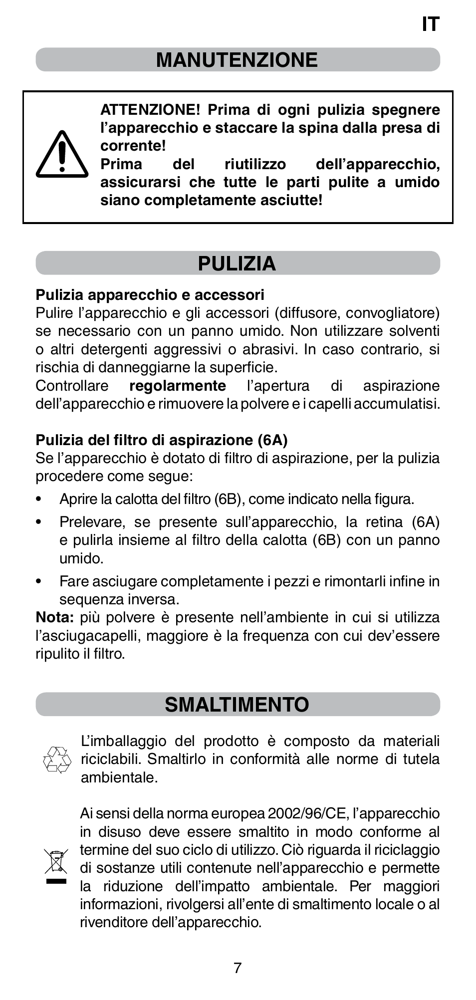 Manutenzione, Pulizia, Smaltimento | Imetec BELLISSIMA PC5 2500 User Manual | Page 9 / 84
