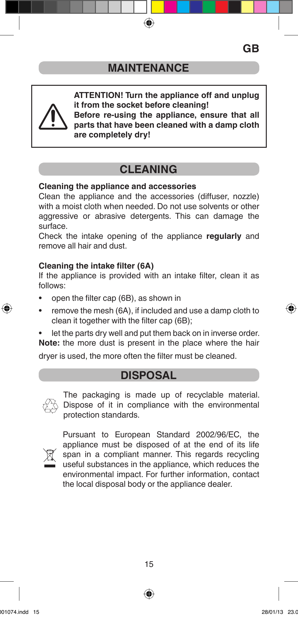 Gb maintenance, Cleaning, Disposal | Imetec BELLISSIMA K5 2000 User Manual | Page 17 / 84