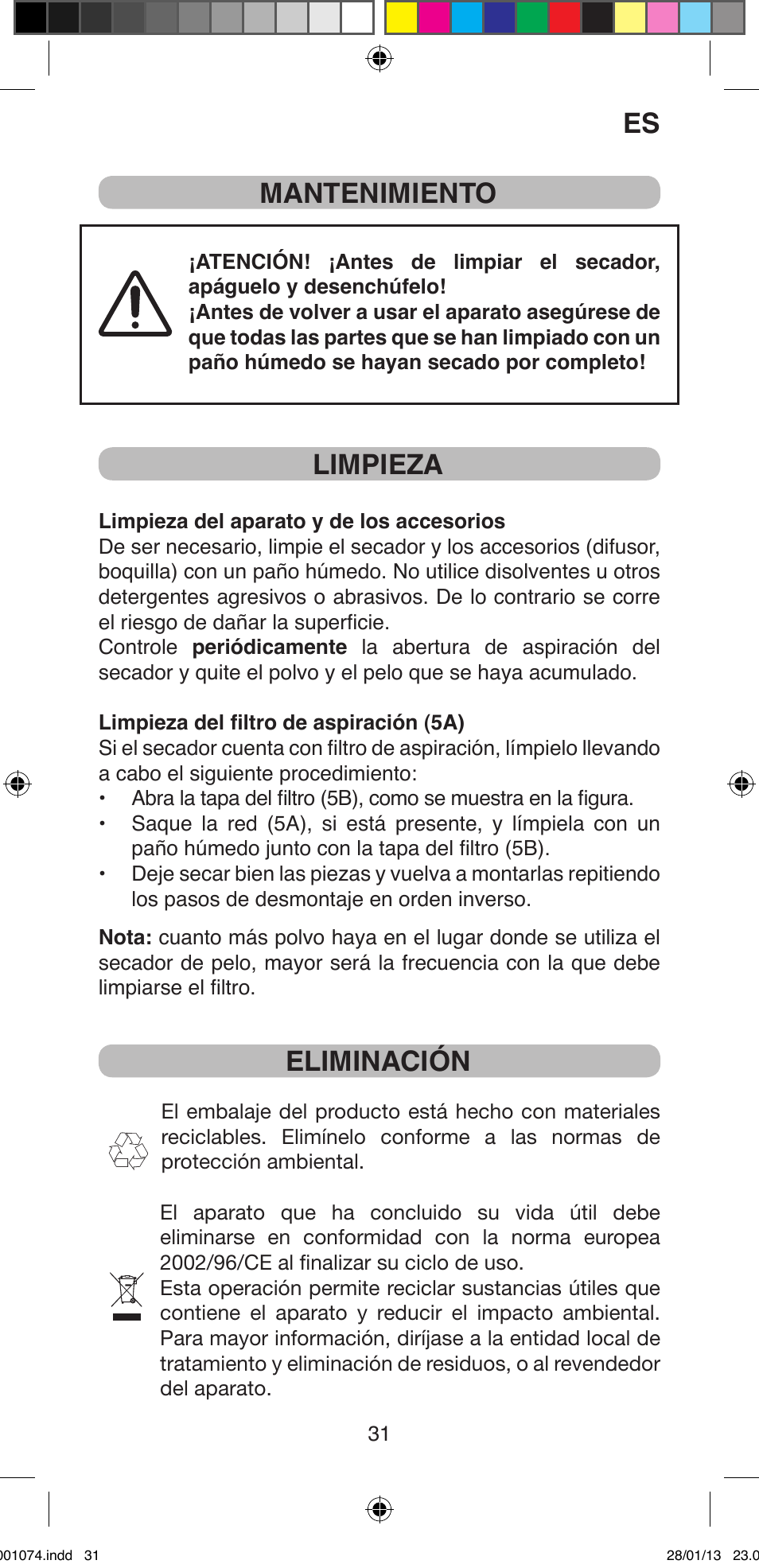 Es mantenimiento, Limpieza, Eliminación | Imetec BELLISSIMA K5 2000 User Manual | Page 33 / 84
