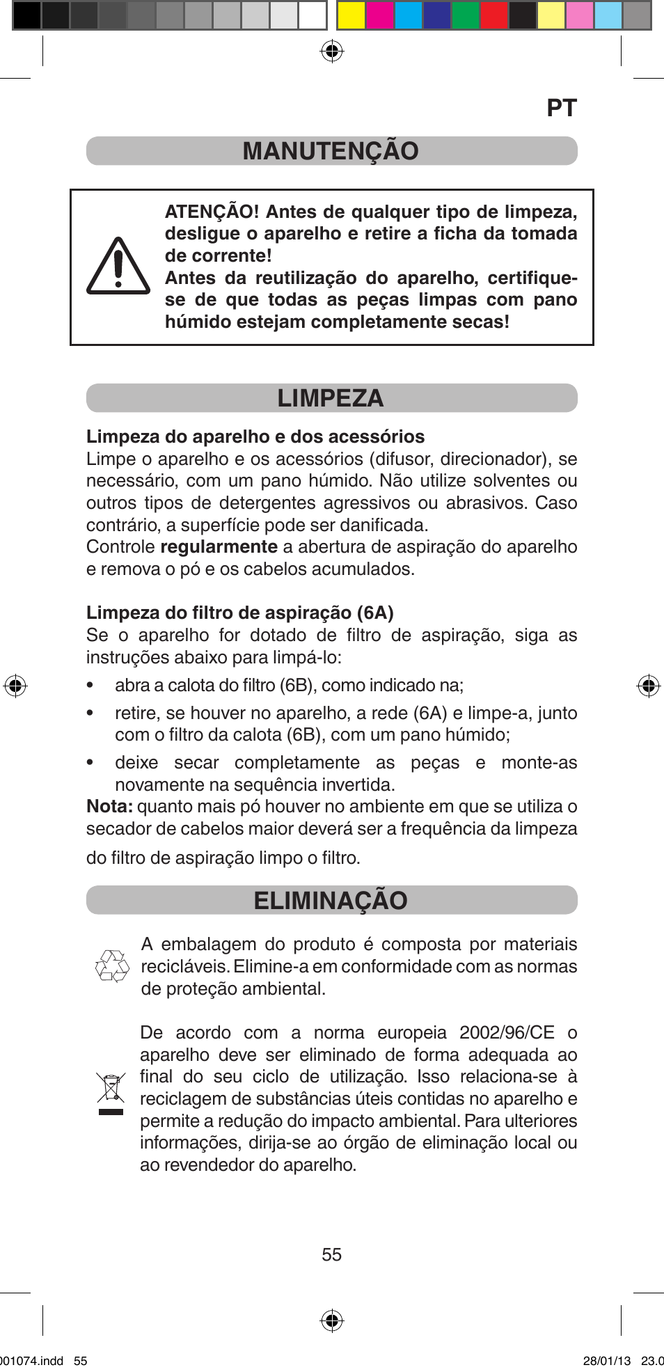 Pt manutenção, Limpeza, Eliminação | Imetec BELLISSIMA K5 2000 User Manual | Page 57 / 84