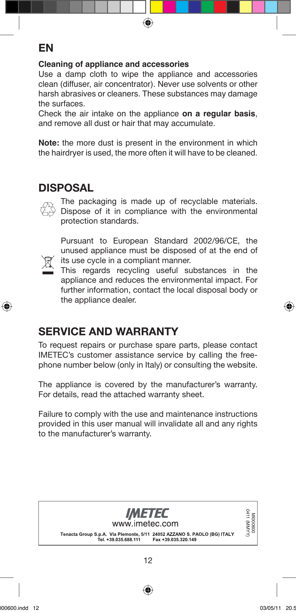 Disposal, Service and warranty | Imetec BELLISSIMA C12 2000 User Manual | Page 14 / 57