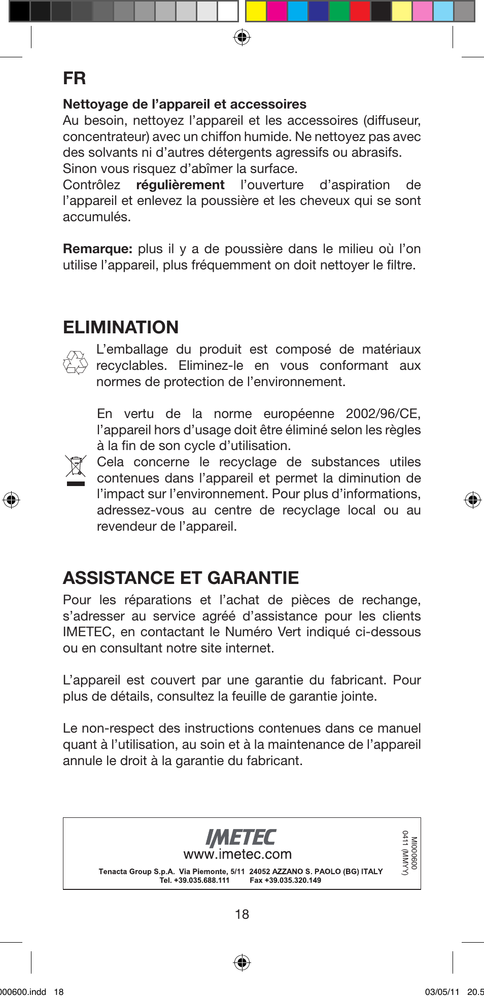 Elimination, Assistance et garantie | Imetec BELLISSIMA C12 2000 User Manual | Page 20 / 57