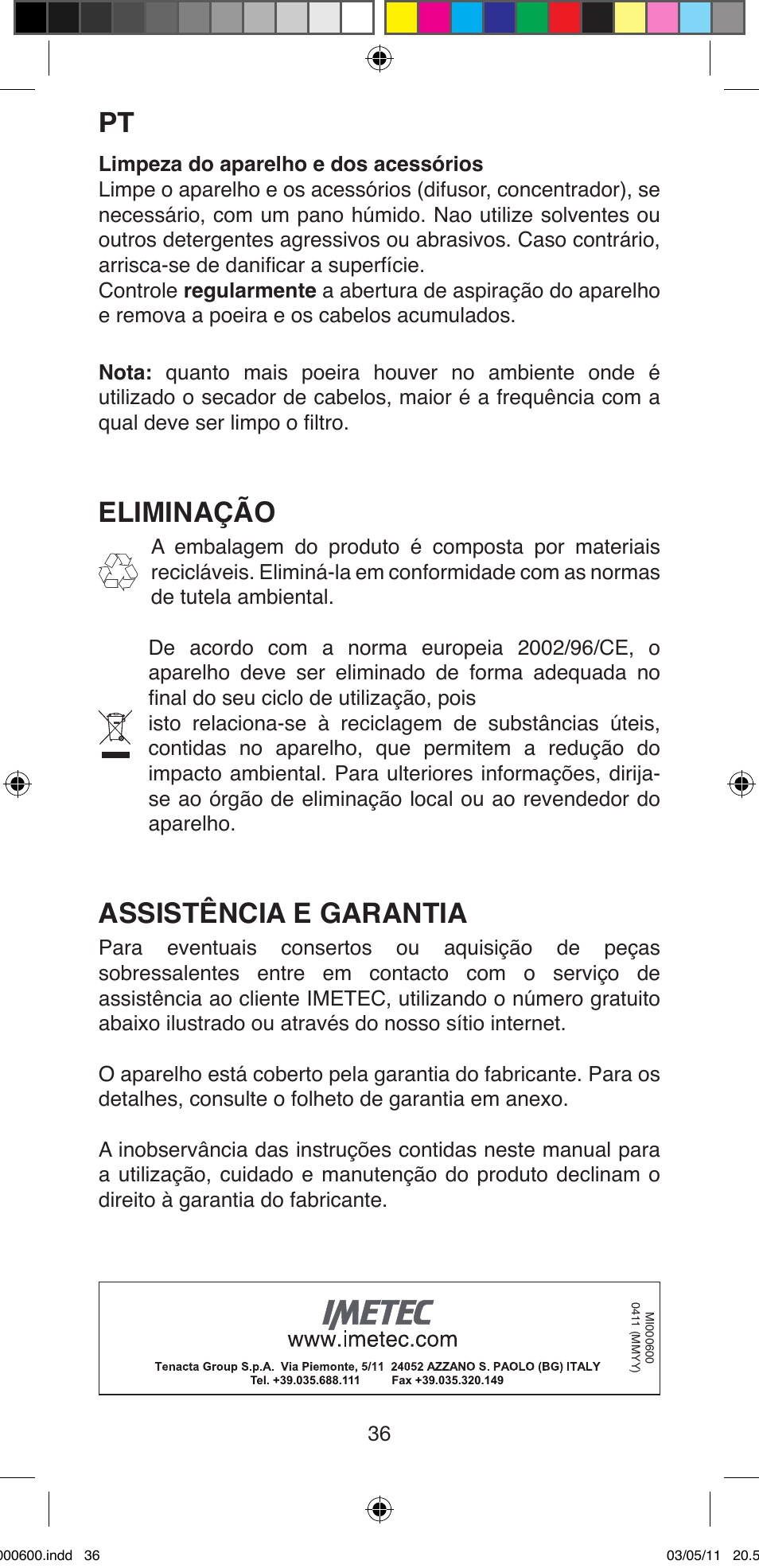 Eliminação, Assistência e garantia | Imetec BELLISSIMA C12 2000 User Manual | Page 38 / 57