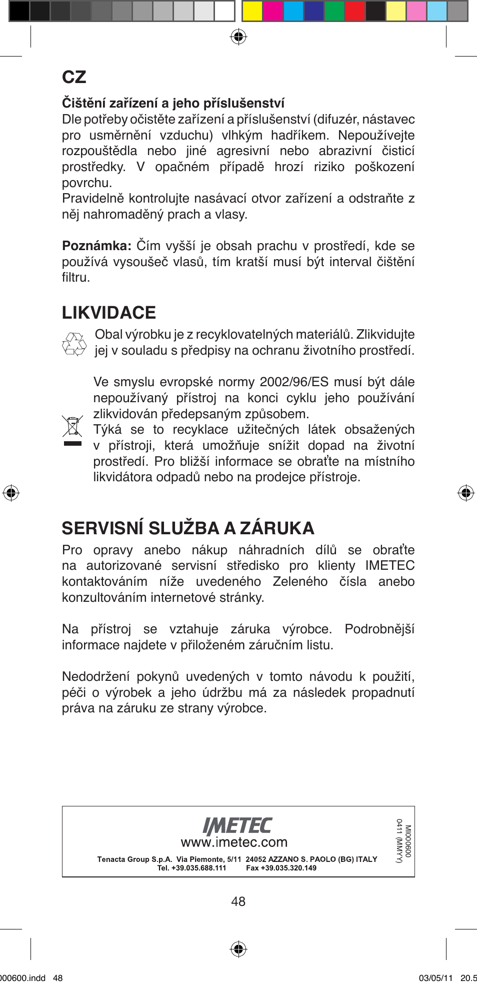 Likvidace, Servisní služba a záruka | Imetec BELLISSIMA C12 2000 User Manual | Page 50 / 57