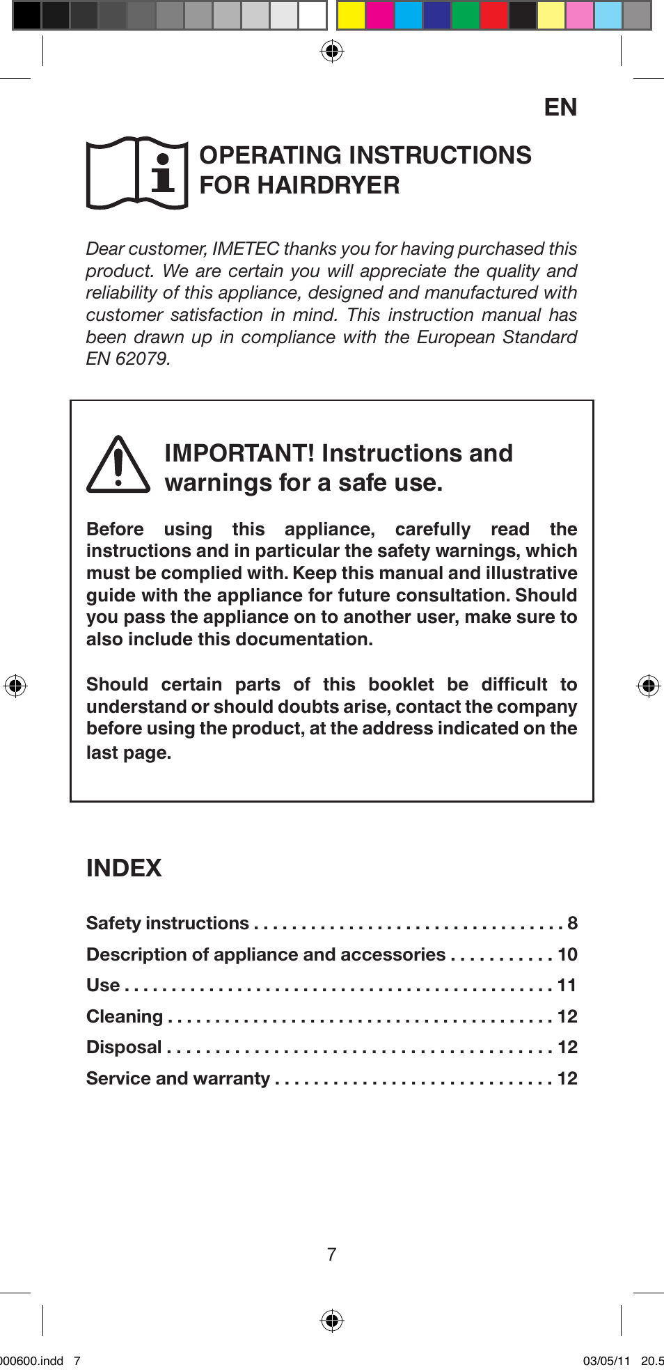 Operating instructions for hairdryer, Index | Imetec BELLISSIMA C12 2000 User Manual | Page 9 / 57