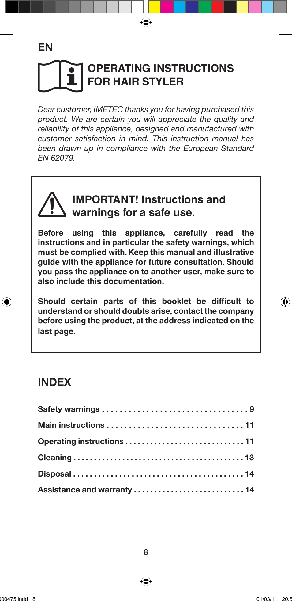 Operating instructions for hair styler, Index | Imetec BELLISSIMA MULTICURL S1 700 User Manual | Page 10 / 66