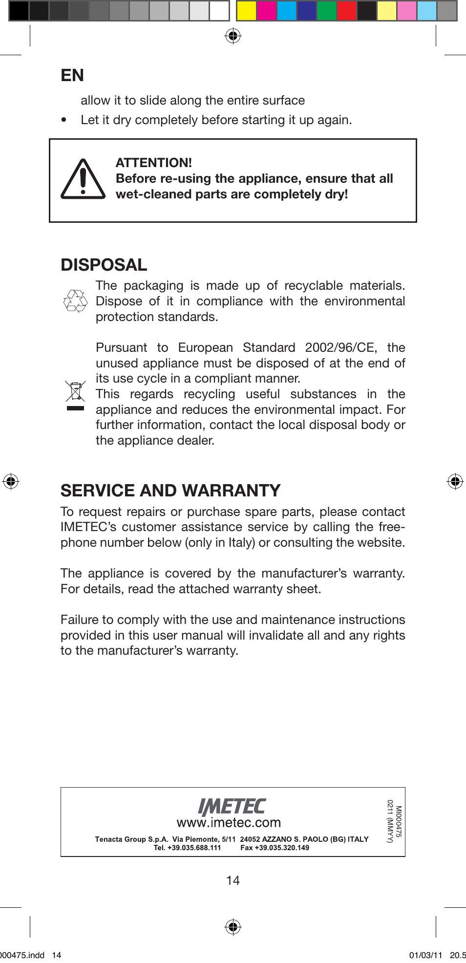 Disposal, Service and warranty | Imetec BELLISSIMA MULTICURL S1 700 User Manual | Page 16 / 66