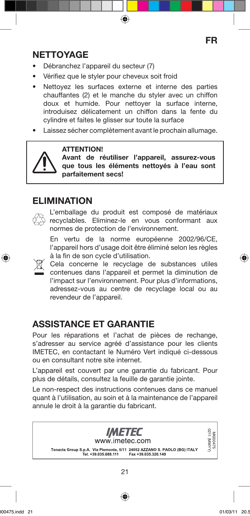 Nettoyage, Elimination, Assistance et garantie | Imetec BELLISSIMA MULTICURL S1 700 User Manual | Page 23 / 66