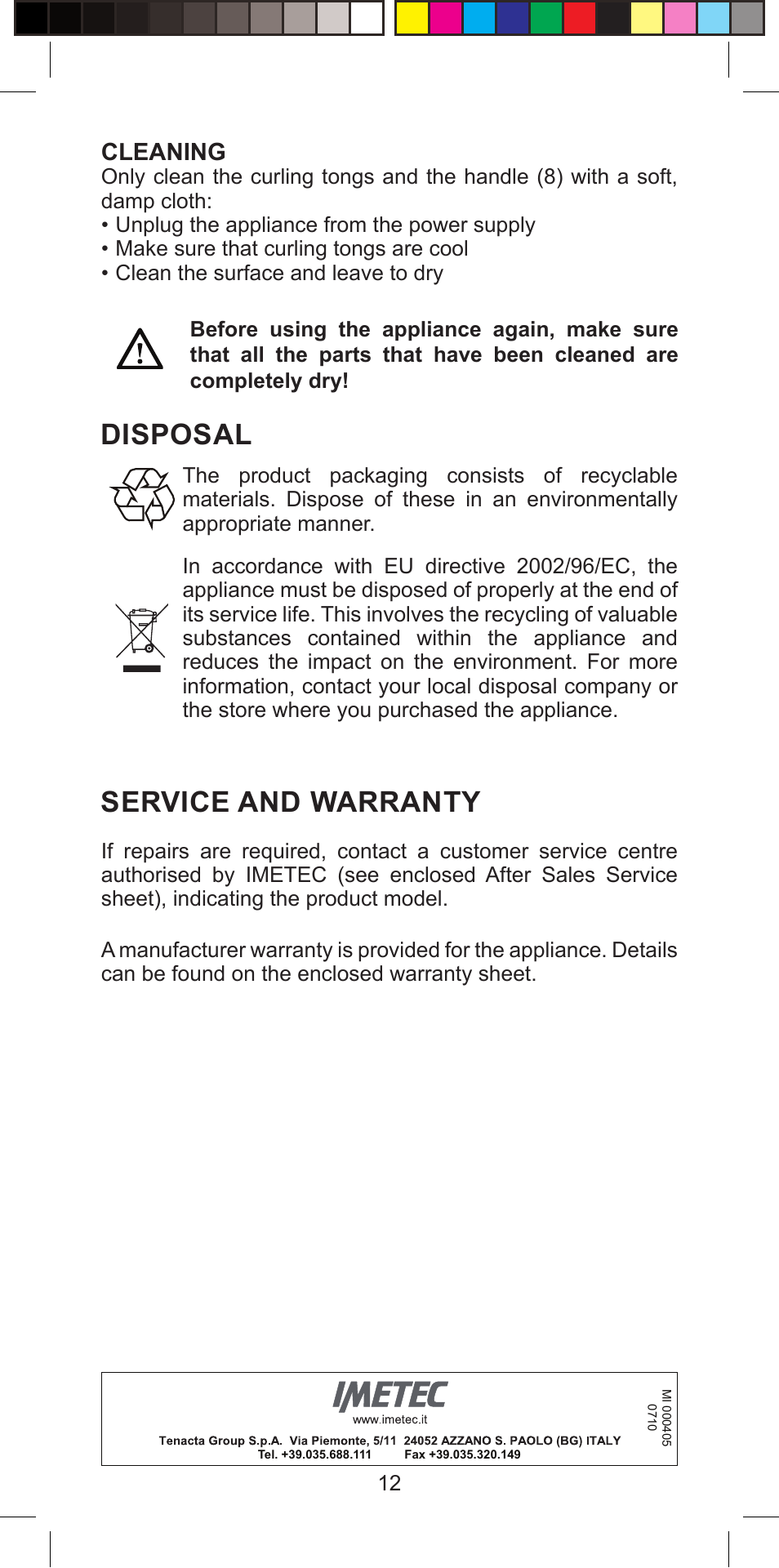 Disposal, Service and warranty, Cleaning | Imetec BELLISSIMA PROFESSIONAL G10 900 User Manual | Page 15 / 57