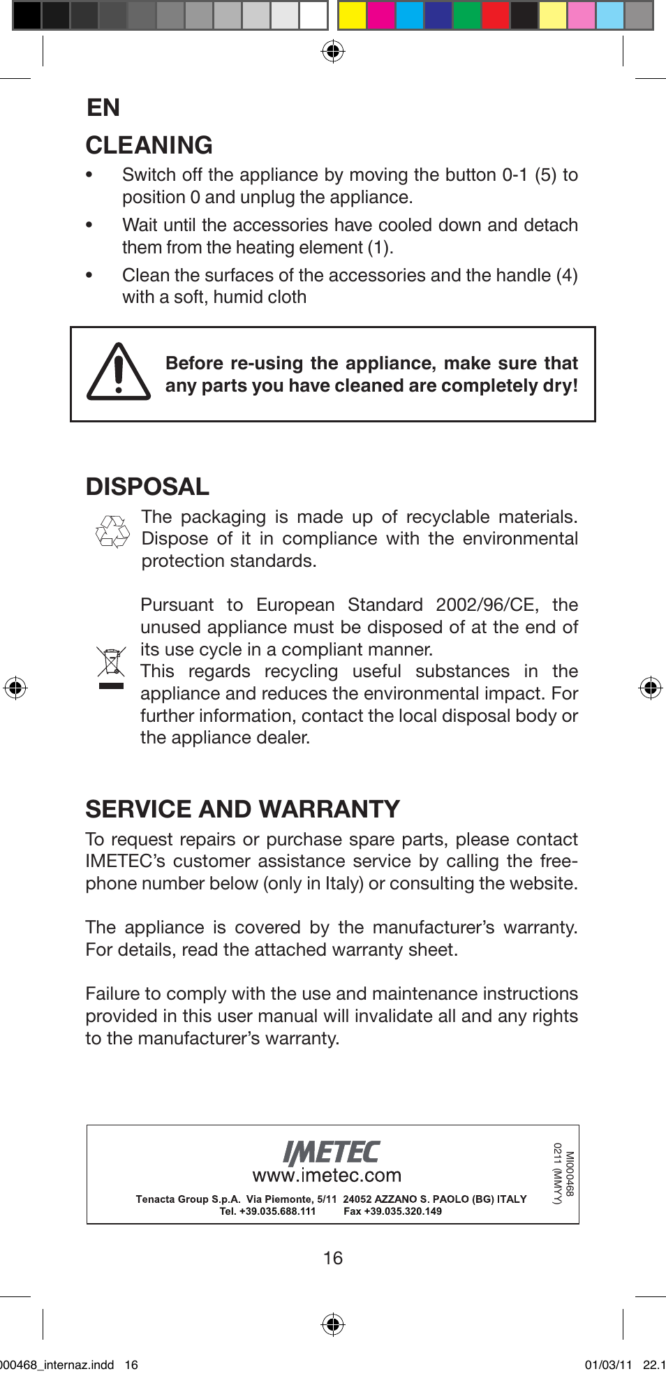 Cleaning, Disposal, Service and warranty | Imetec BELLISSIMA G9 90 User Manual | Page 18 / 76