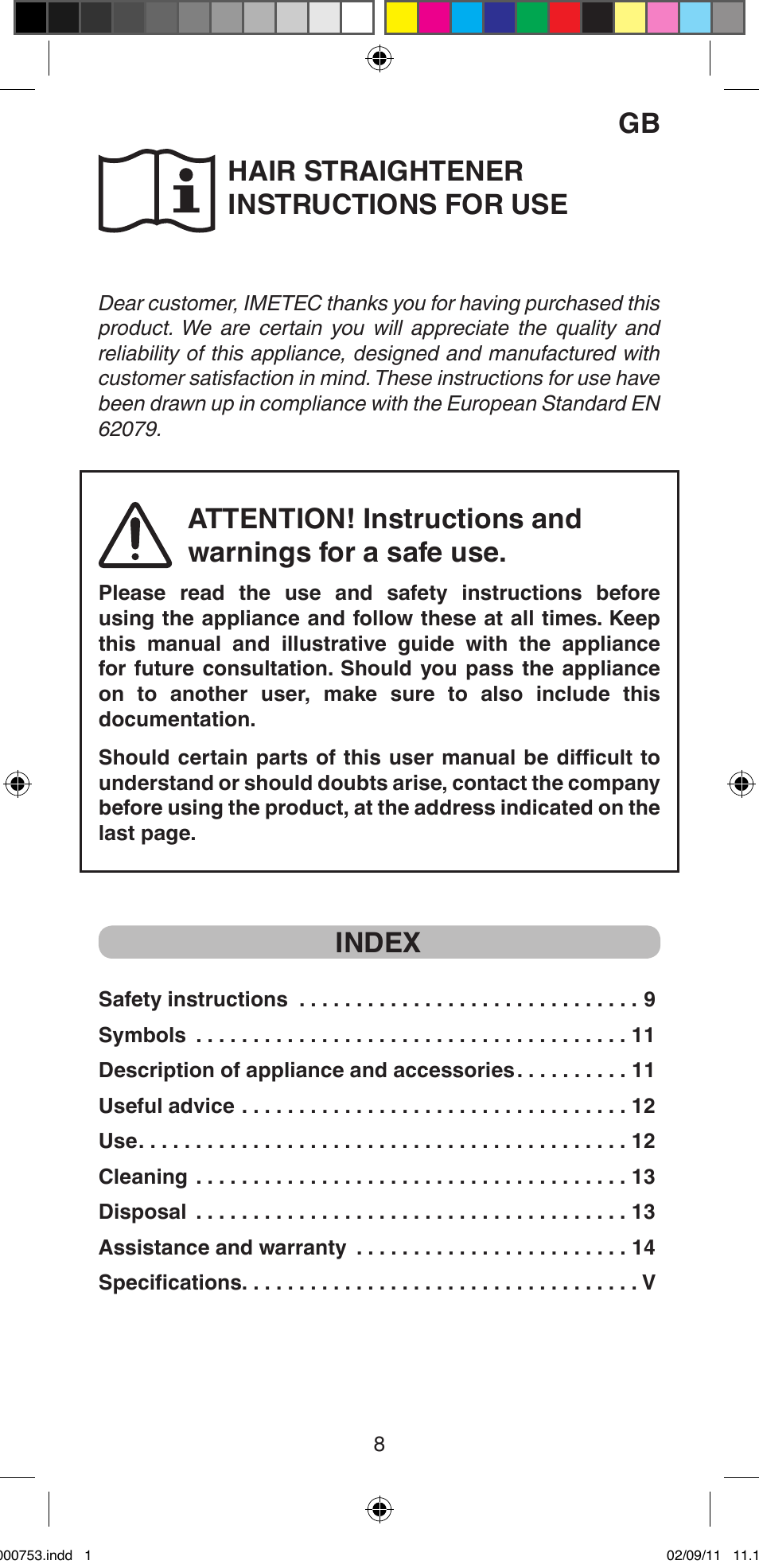 Hair straightener instructions for use, Index | Imetec BELLISSIMA MAGIC TEXTURE B12 100 User Manual | Page 10 / 65