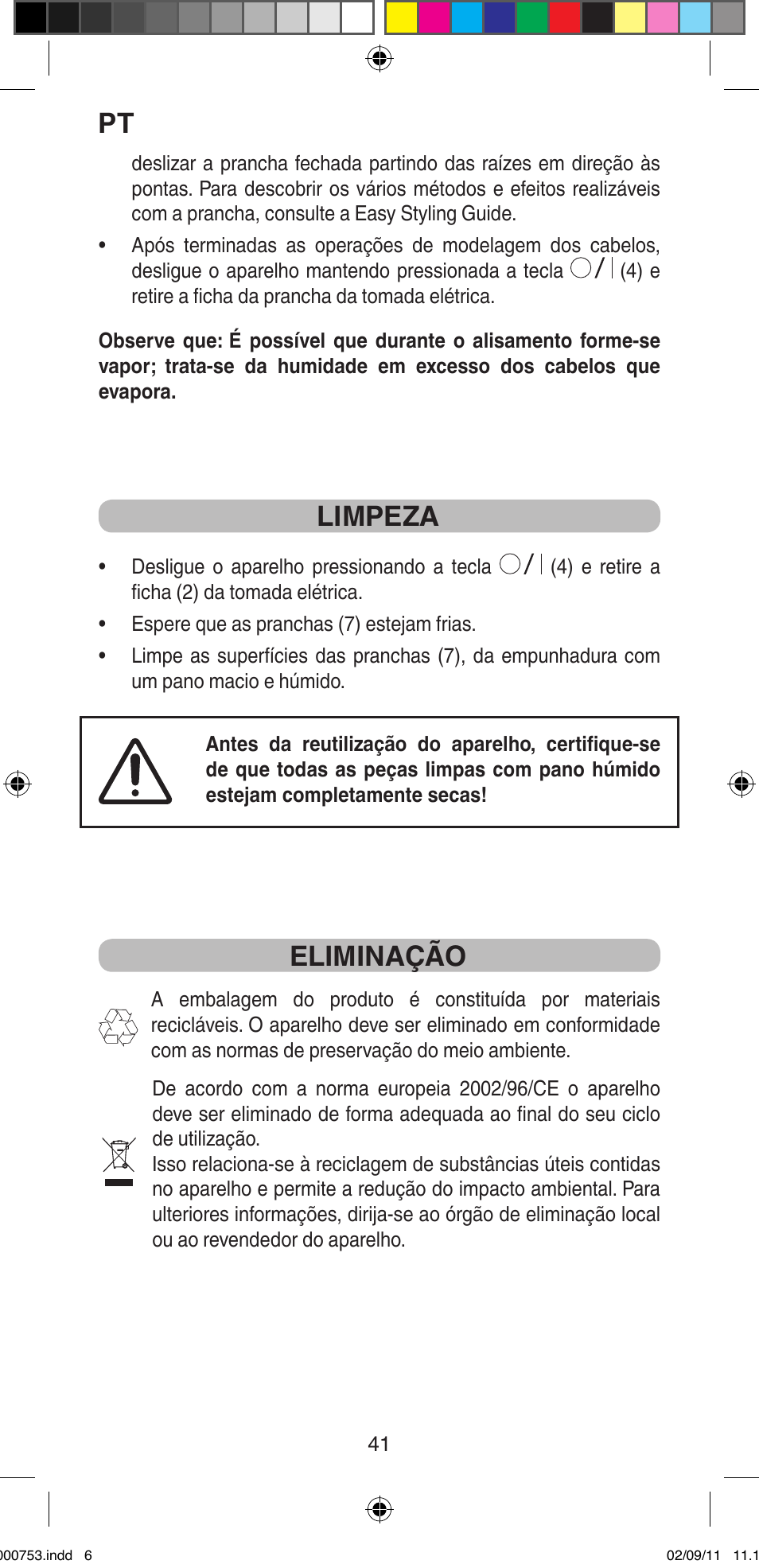 Limpeza, Eliminação | Imetec BELLISSIMA MAGIC TEXTURE B12 100 User Manual | Page 43 / 65