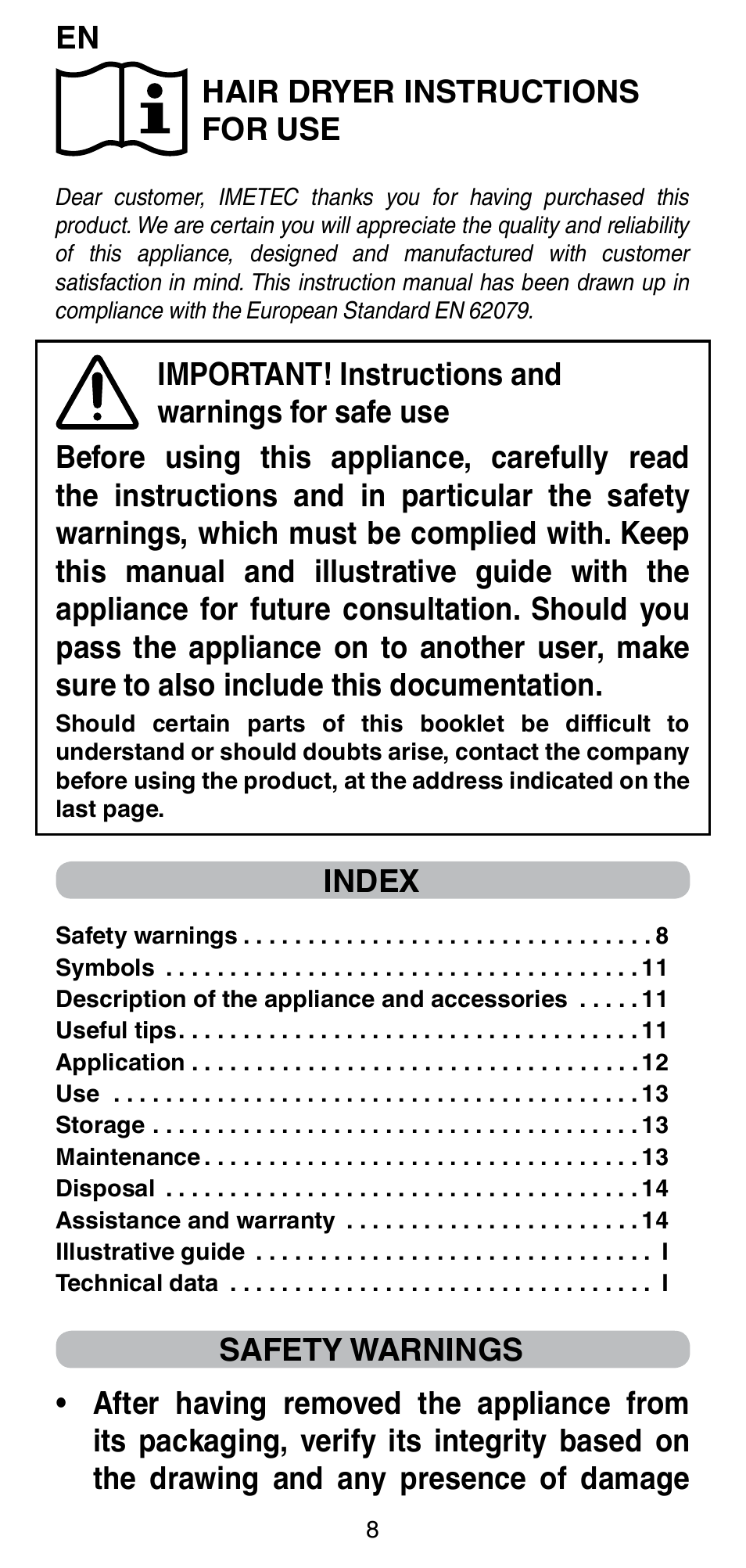 Hair dryer instructions for use, Index | Imetec BELLISSIMA GH15 2000 User Manual | Page 10 / 79