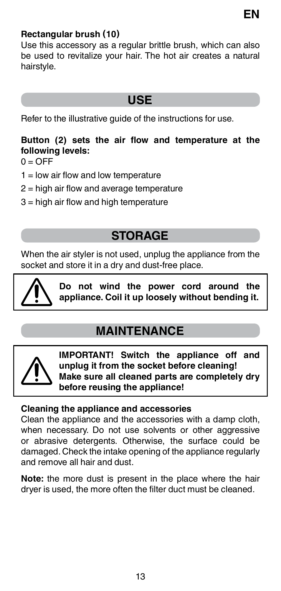 Storage, Maintenance | Imetec BELLISSIMA GH15 2000 User Manual | Page 15 / 79