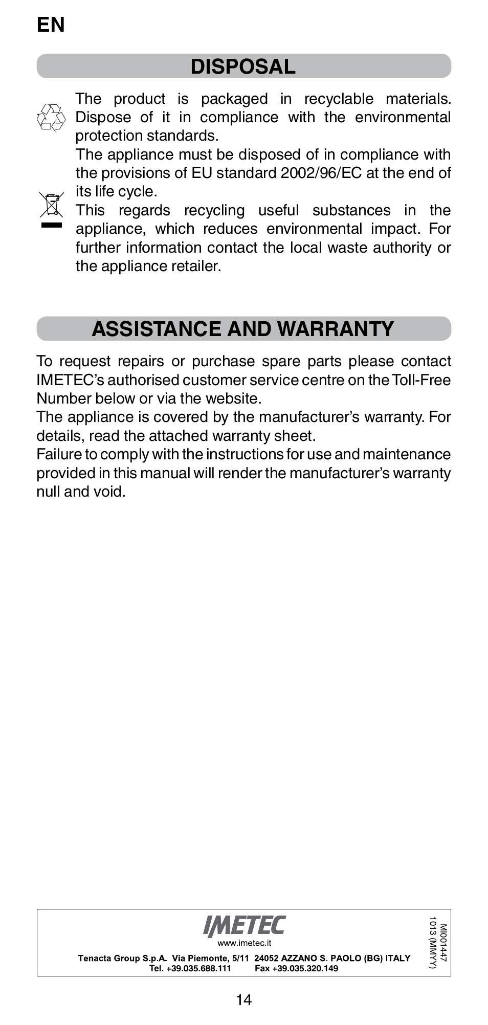 Disposal, Assistance and warranty | Imetec BELLISSIMA GH15 2000 User Manual | Page 16 / 79