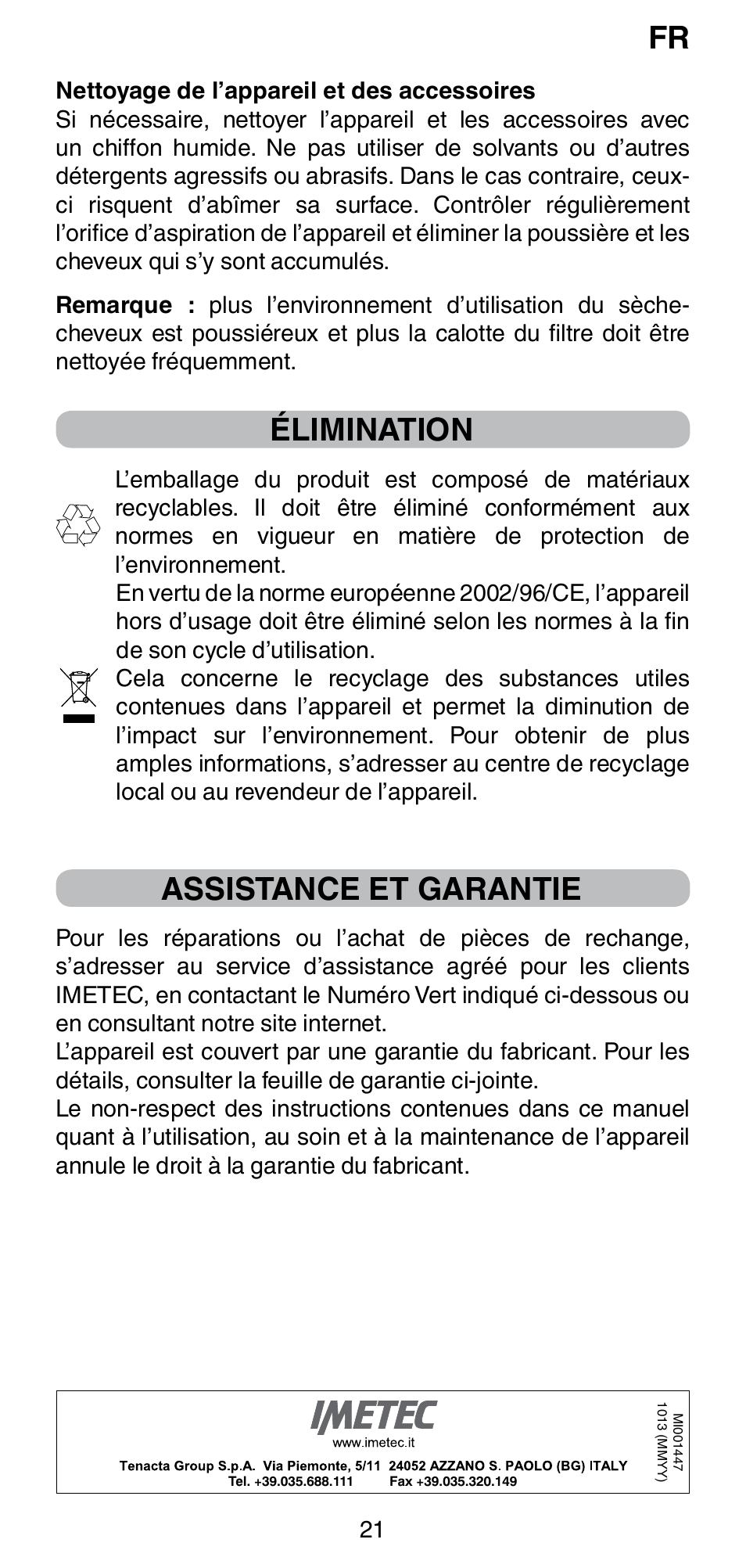 Élimination, Assistance et garantie | Imetec BELLISSIMA GH15 2000 User Manual | Page 23 / 79