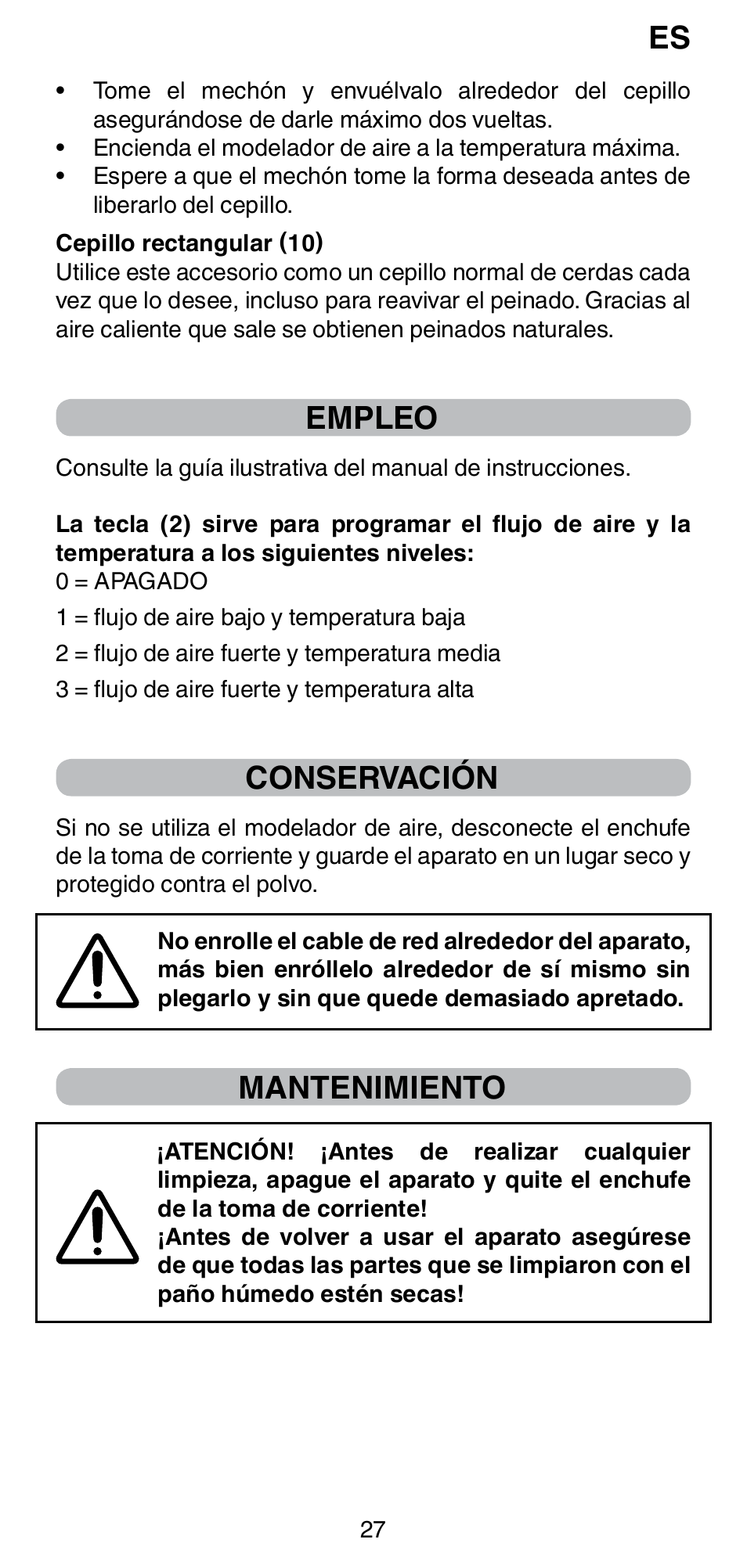 Empleo, Conservación, Mantenimiento | Imetec BELLISSIMA GH15 2000 User Manual | Page 29 / 79