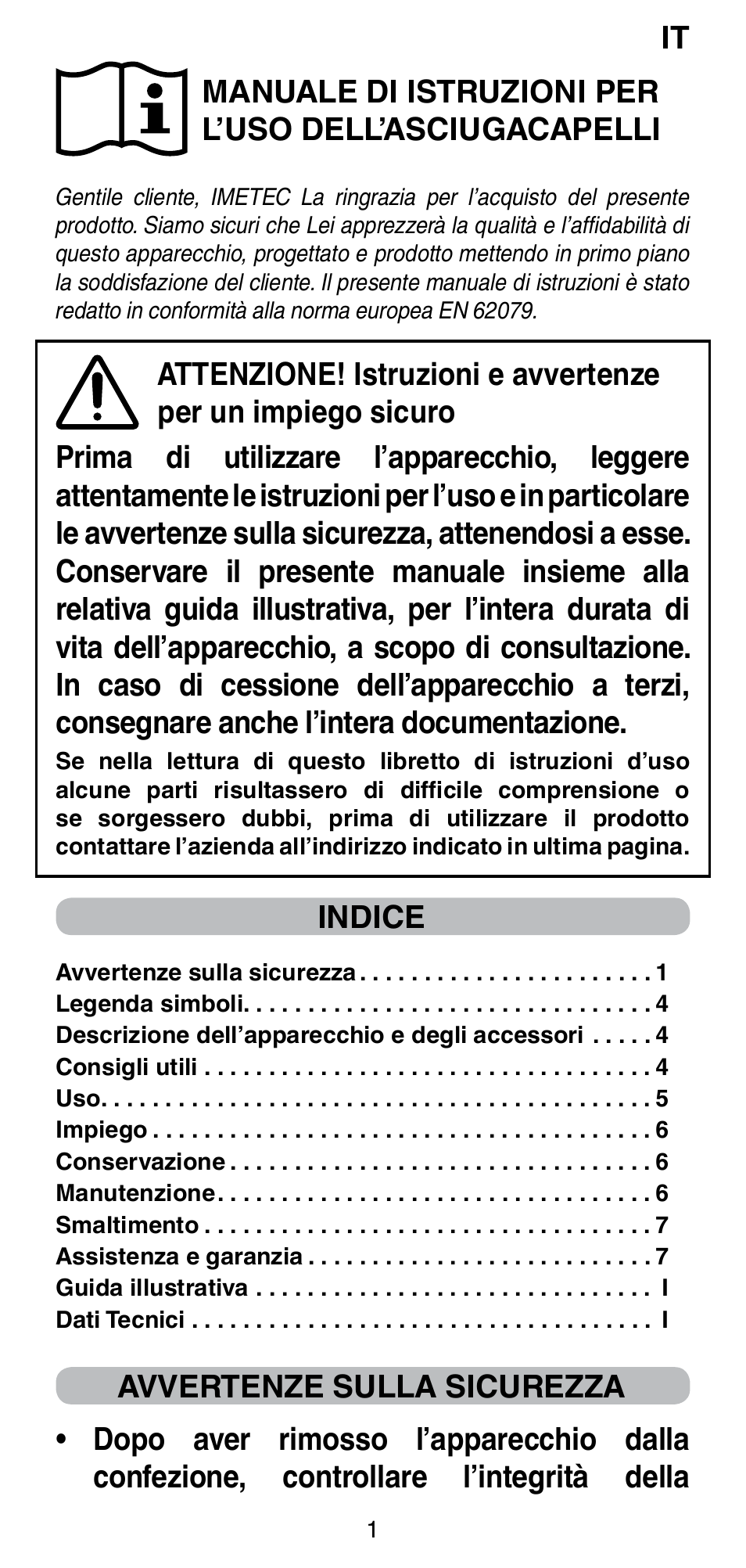 Indice | Imetec BELLISSIMA GH15 2000 User Manual | Page 3 / 79