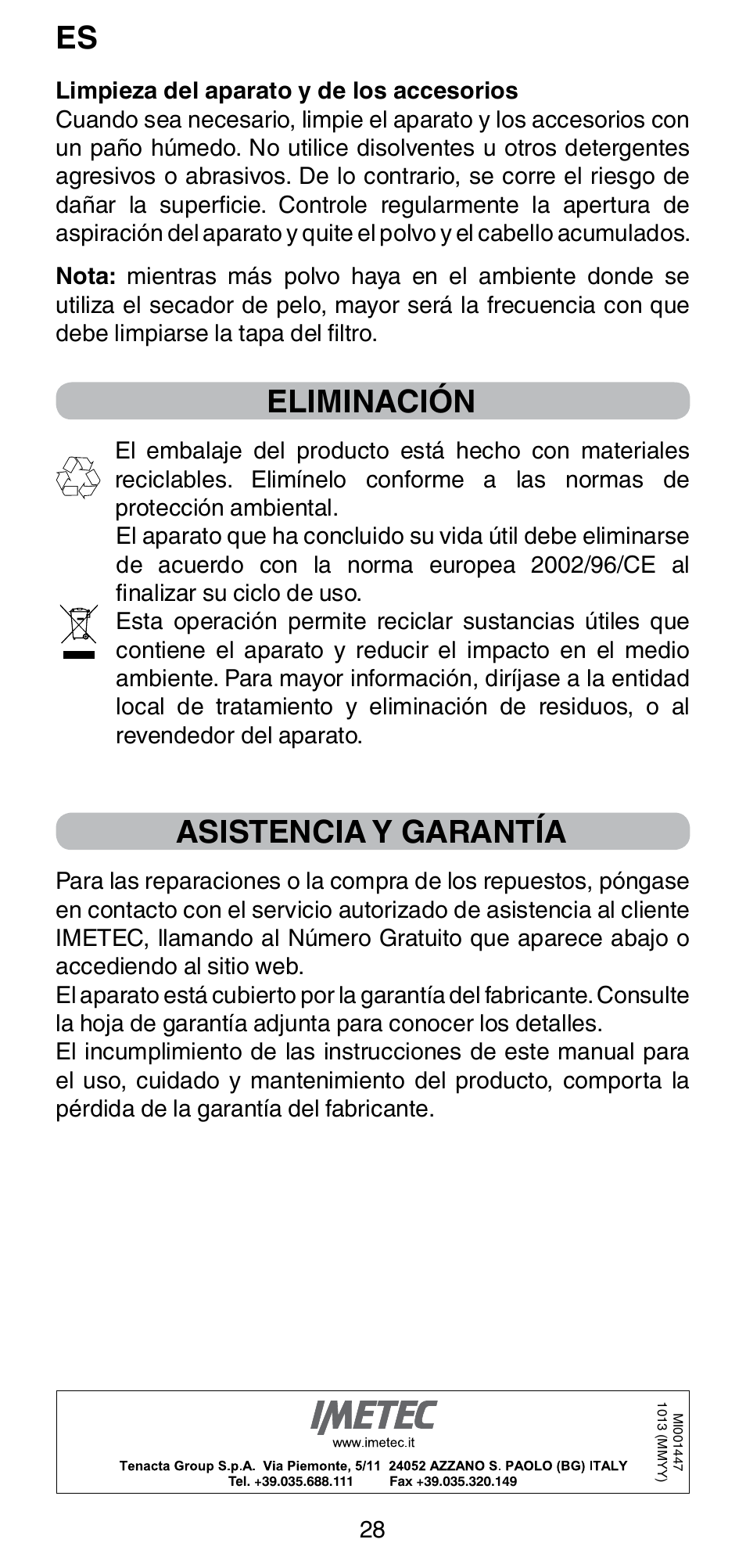 Eliminación, Asistencia y garantía | Imetec BELLISSIMA GH15 2000 User Manual | Page 30 / 79