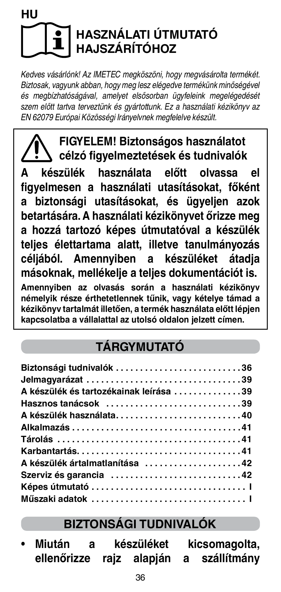 Használati útmutató hajszárítóhoz, Tárgymutató | Imetec BELLISSIMA GH15 2000 User Manual | Page 38 / 79