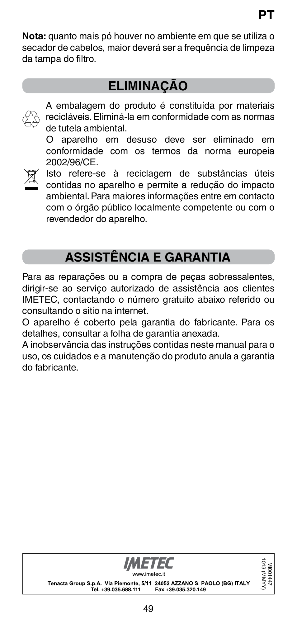 Eliminação, Assistência e garantia | Imetec BELLISSIMA GH15 2000 User Manual | Page 51 / 79