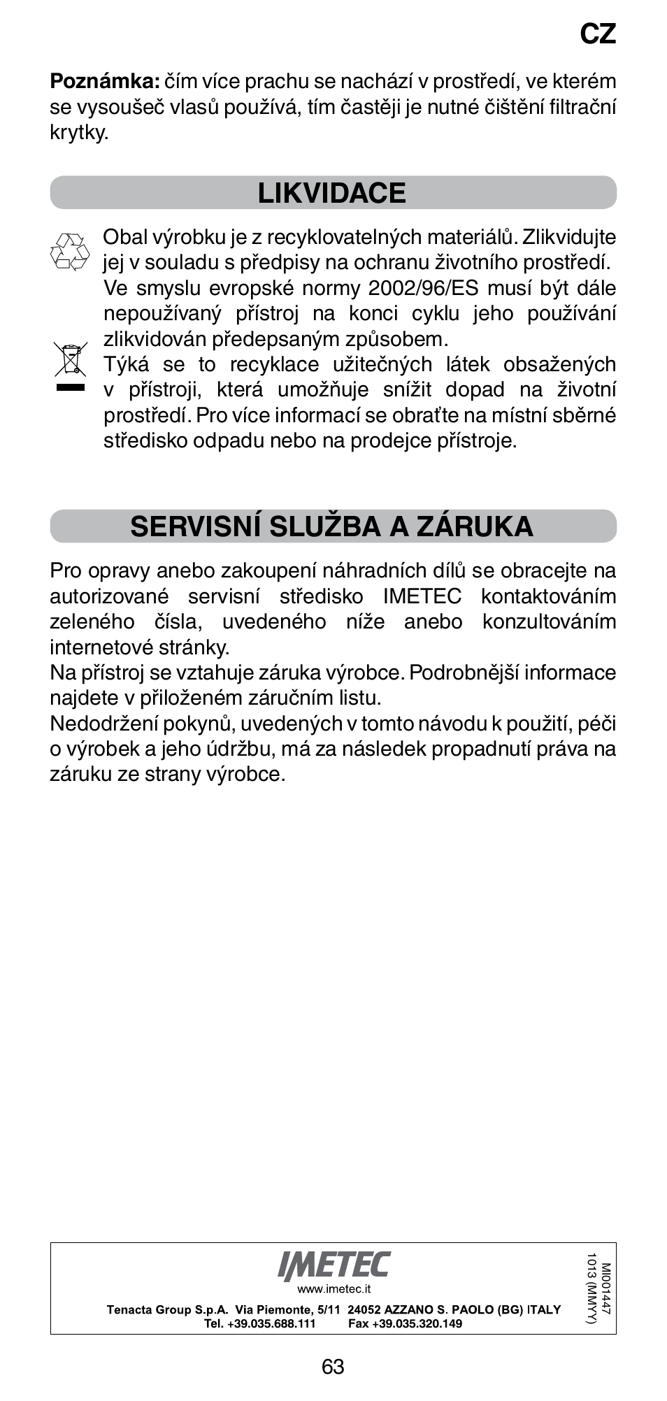 Likvidace, Servisní služba a záruka | Imetec BELLISSIMA GH15 2000 User Manual | Page 65 / 79