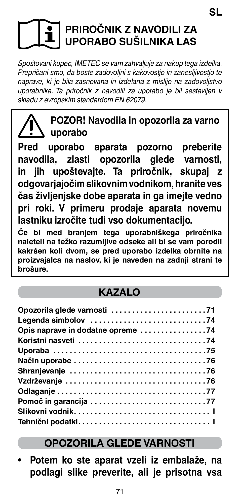 Priročnik z navodili za uporabo sušilnika las, Kazalo | Imetec BELLISSIMA GH15 2000 User Manual | Page 73 / 79