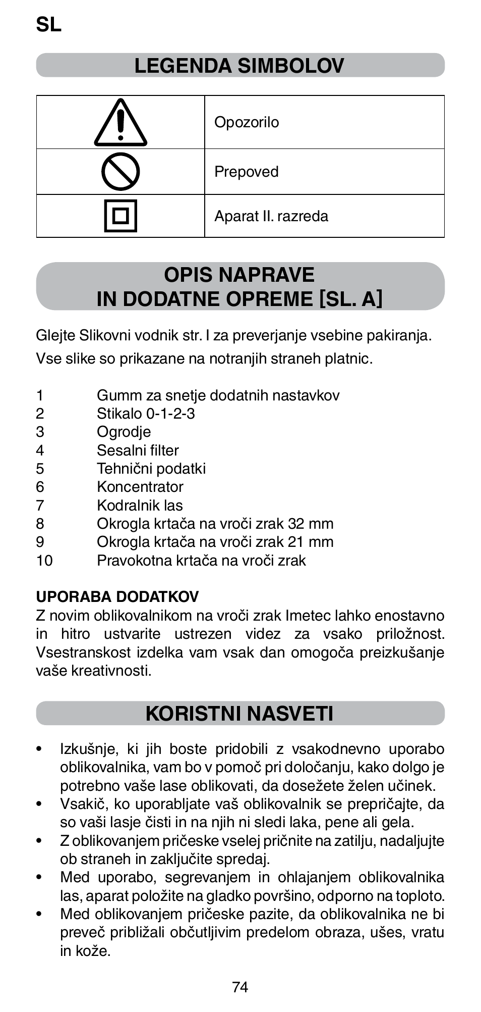 Legenda simbolov, Opis naprave in dodatne opreme [sl. a, Koristni nasveti | Imetec BELLISSIMA GH15 2000 User Manual | Page 76 / 79